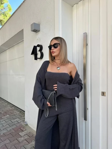 Kadın Triko Üçlü Takım - Füme - Resim 6