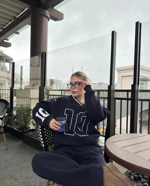 V Yaka Üç İplik Sweat Takım - Siyah - Resim 2