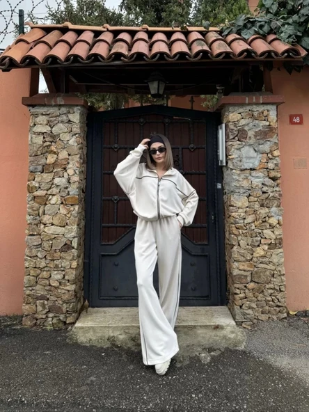 Fermuarlı Eşofman Pantolon İkili Takım - Beyaz - Resim 5