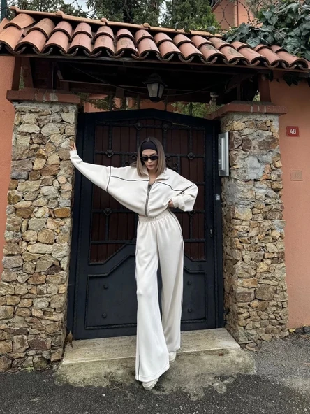 Fermuarlı Eşofman Pantolon İkili Takım - Beyaz - Resim 6