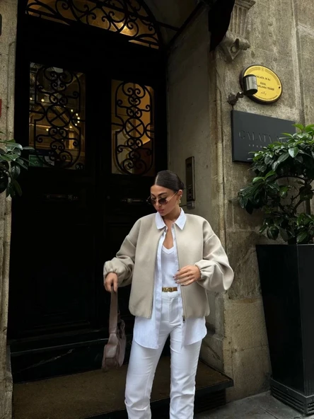 Kaşe Kaşmir Fermuarlı CEKET - Bej - 3