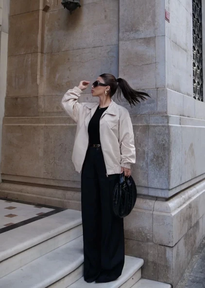 Fermuarlı Gömlek Yaka Bomber Ceket - Beyaz - 5