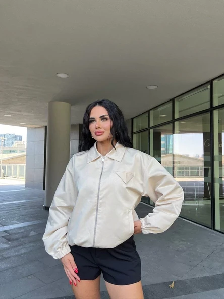 Fermuarlı Gömlek Yaka Bomber Ceket - Beyaz - 7