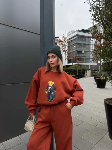 Bisiklet Yaka Üç İplik Sweat Takım - kiremit ürün görseli 1