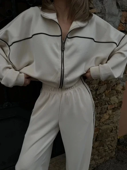 Fermuarlı Eşofman Pantolon İkili Takım - Beyaz ürün görseli 1