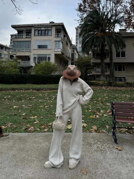 Yakalı Cizgi Detaylı Triko İkili Takım - Beyaz - Resim 2