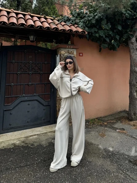 Fermuarlı Eşofman Pantolon İkili Takım - Beyaz - Resim 3