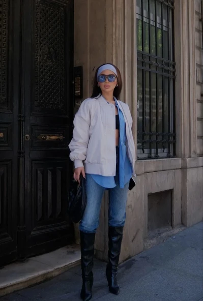 Cepli Bomber Ceket Mont - Beyaz - Resim 5