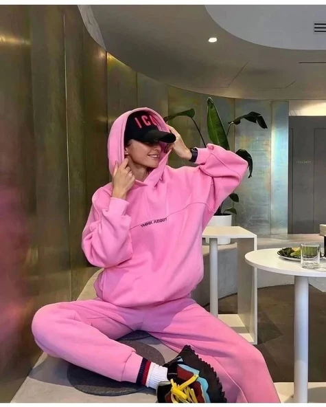 Nakış İşlemeli Üç İplik Sweat Takım- Pembe - Resim 3