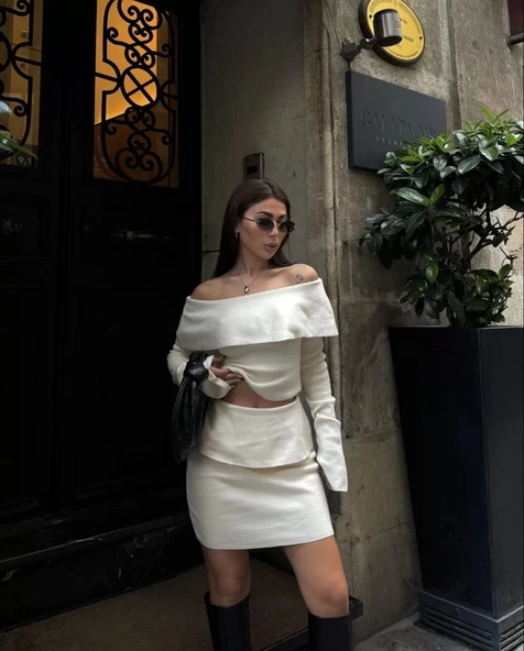 Straplez , Madonna , Carmen Yaka Croplu Mini Etekli ikili Takım Triko - Beyaz - Resim 2