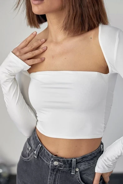 Kara Yaka Uzun Kollu Crop - Beyaz - Resim 4