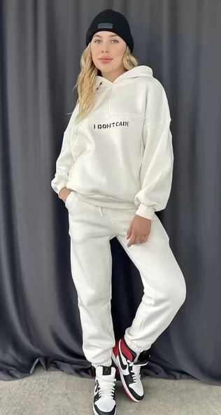 Nakış İşlemeli Üç İplik Sweat Takım- Beyaz - Resim 7