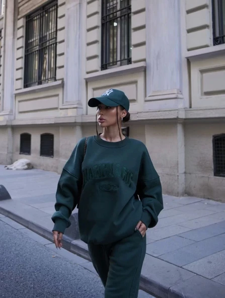 Bisiklet Yaka Nakış İşlemeli Üç İplik Sweat Takım - Yeşil - Resim 4