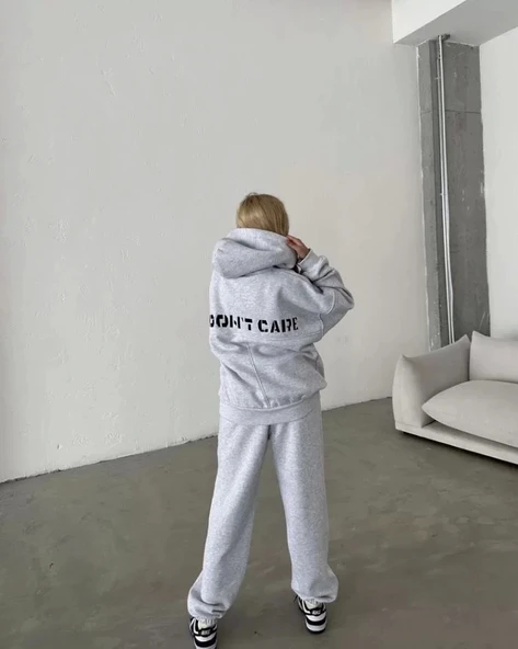 Nakış İşlemeli Üç İplik Sweat Takım- Gri - Resim 4