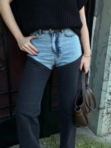 Kadın Jeans Kot Parçalı Palazzo Pantolon - Siyah - Resim 2