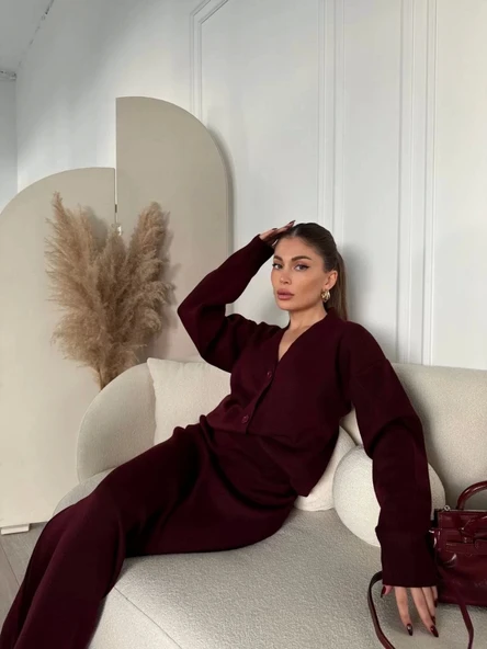 V Yaka 3 Düğmeli Hırka Takım Triko İkili Etekli - Bordo - 3