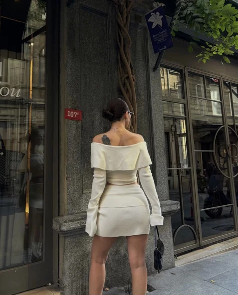 Straplez , Madonna , Carmen Yaka Croplu Mini Etekli ikili Takım Triko - Beyaz - Resim 4