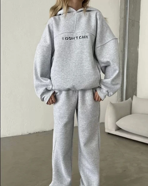 Nakış İşlemeli Üç İplik Sweat Takım- Gri - Resim 3