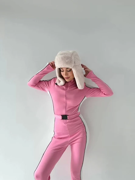 Kemer Detaylı Fermuarlı Tulum - Pembe - Resim 7