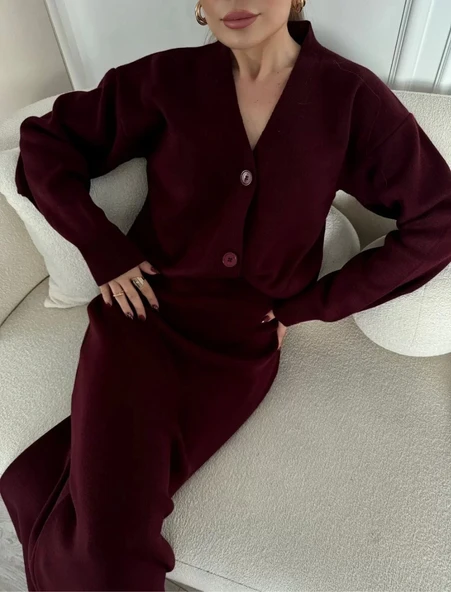 V Yaka 3 Düğmeli Hırka Takım Triko İkili Etekli - Bordo - 6