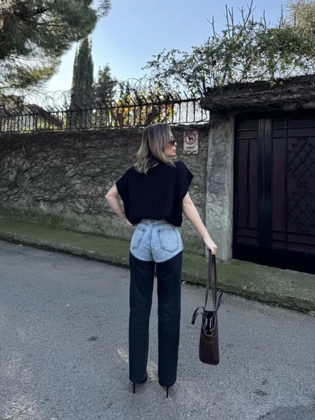 Kadın Jeans Kot Parçalı Palazzo Pantolon - Siyah - Resim 5