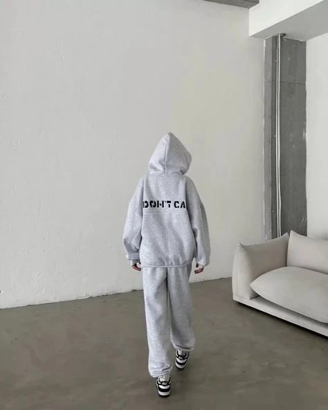 Nakış İşlemeli Üç İplik Sweat Takım- Gri - Resim 2