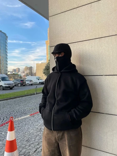 Samuray Kapüşonlu ZIP Fermuarlı Kapüşonlu SweatShirt - Siyah ürün görseli 1