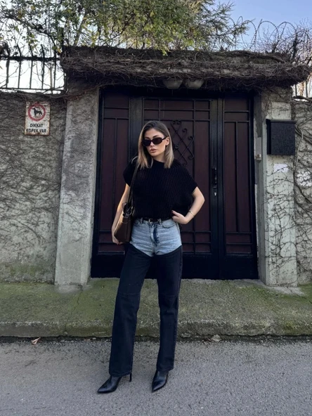 Kadın Jeans Kot Parçalı Palazzo Pantolon - Siyah - Resim 6