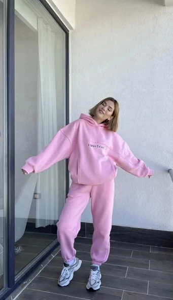 Nakış İşlemeli Üç İplik Sweat Takım- Pembe - Resim 5