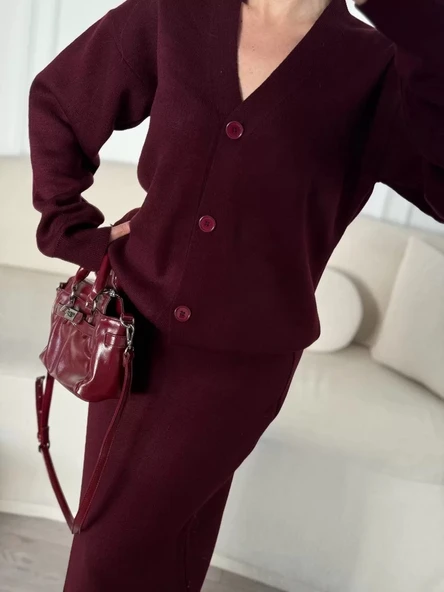 V Yaka 3 Düğmeli Hırka Takım Triko İkili Etekli - Bordo - 7