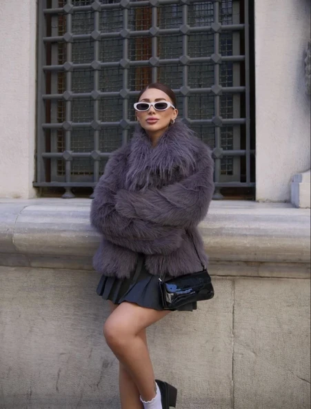 Salaş Sakallı Yumuşak Dokulu Yakalı Cepli Suni Kürk - füme - Resim 5