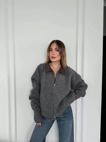 Deri Yakalı Pamuk dokulu Çift Taraflı Çalışan Fermuar Ceket - Füme - 3