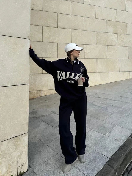 Üç İplik Yakalı Sweat Baggy Pantalonlu Takım - Siyah - Resim 5