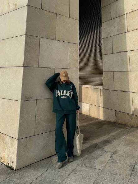 Üç İplik Yakalı Sweat Baggy Pantalonlu Takım - Yeşil - Resim 6