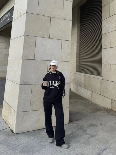 Üç İplik Yakalı Sweat Baggy Pantalonlu Takım - Siyah - Resim 6