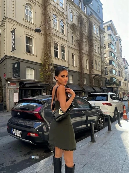 İki Parçalı Pileli Askılı Kadın Mini Elbise - Haki - Resim 6