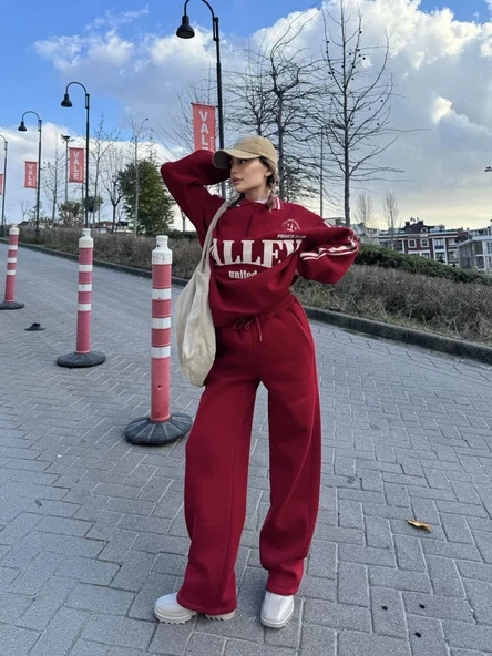 Üç İplik Yakalı Sweat Baggy Pantalonlu Takım - Bordo - Resim 6