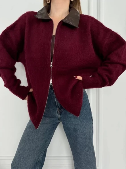 Deri Yakalı Pamuk dokulu Çift Taraflı Çalışan Fermuar Ceket - Bordo - 5