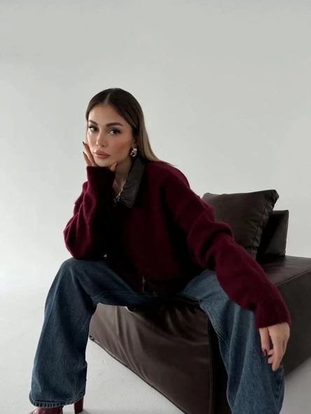 Deri Yakalı Pamuk dokulu Çift Taraflı Çalışan Fermuar Ceket - Bordo - 2