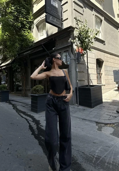 Kadın Arkadan Yırtmaçlı Jeans Kot Palazzo Pantolon - Siyah - Resim 3