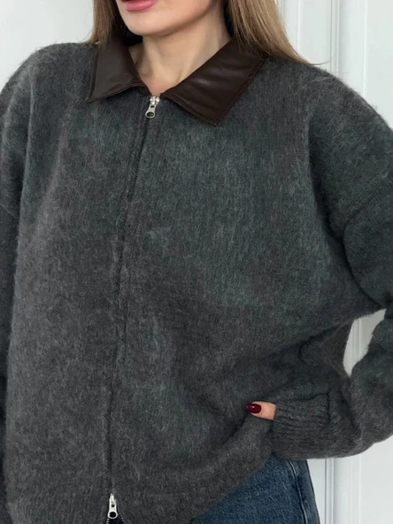 Deri Yakalı Pamuk dokulu Çift Taraflı Çalışan Fermuar Ceket - Füme - 4