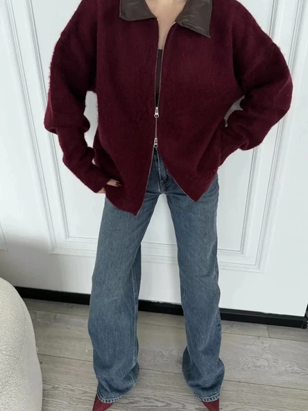 Deri Yakalı Pamuk dokulu Çift Taraflı Çalışan Fermuar Ceket - Bordo - 6