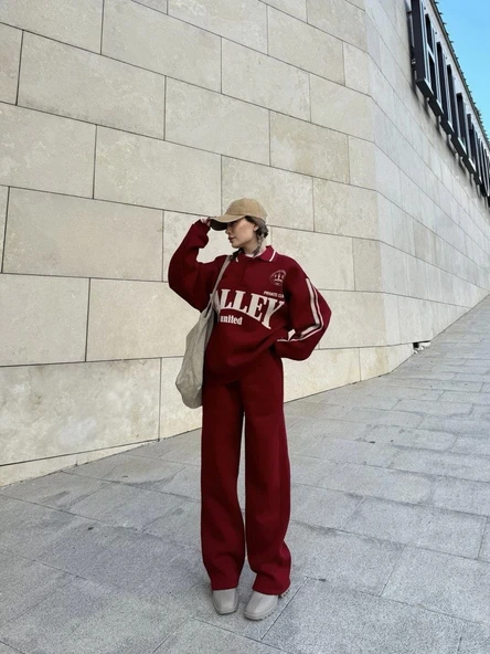 Üç İplik Yakalı Sweat Baggy Pantalonlu Takım - Bordo - Resim 5