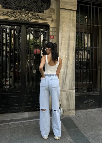 Kadın Arkadan Yırtmaçlı Jeans Kot Palazzo Pantolon - Mavi - Resim 7