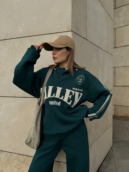 Üç İplik Yakalı Sweat Baggy Pantalonlu Takım - Yeşil - Resim 5