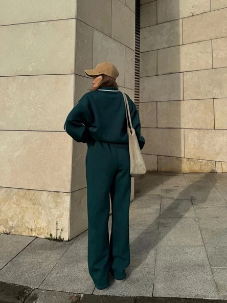 Üç İplik Yakalı Sweat Baggy Pantalonlu Takım - Yeşil - Resim 3