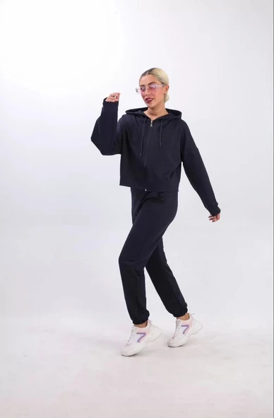 iki iplik Kapüşonlu Fermuarlı Crop Oversize Hırka Takım- Lacivert - 6