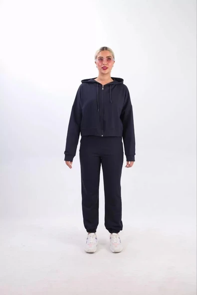 iki iplik Kapüşonlu Fermuarlı Crop Oversize Hırka Takım- Lacivert - 2