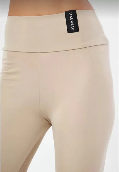 Kışlık Yüksek Bel Toparlayicı ve Sıkılaştırıcı Likralı Şardonlu Tayt - Bej - Resim 5