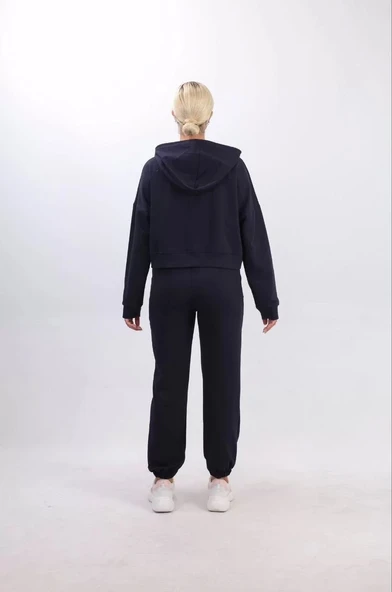 iki iplik Kapüşonlu Fermuarlı Crop Oversize Hırka Takım- Lacivert - 4